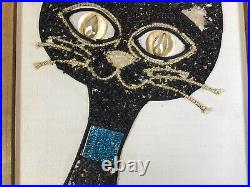 Vintage gravel pebble wall art black cat with large eyes