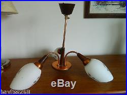 Vintage/retro MID Century Copper Ceiling 3 Arm Light Fitting Metal/glass Teak