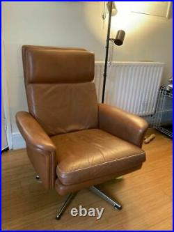 Vintage retro mid century danish revolving brown leather armchair