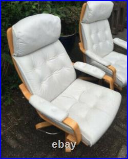 Vintage retro mid century white leather Danish armchair lounge swivel chair x1