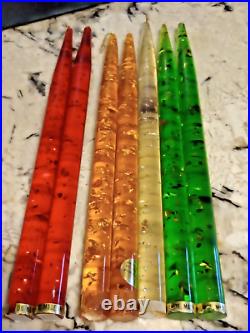 Vtg Lot Set 7 Lucite Acrylic Candles red orange green clear flecked Tapered