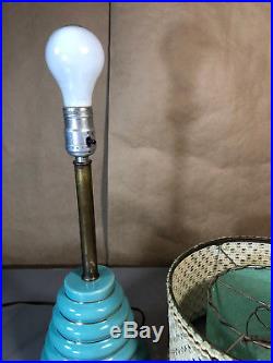 Vtg Mid Century Ceramic Blue Beehive Lamp 19 Tall Double Shade Fiberglass Retro