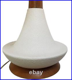 Vtg Mid Century Danish Modern White Textured Ceramic Lamp with Wood Neck & Base