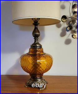 Vtg Mid Century Hollywood Regency XL Amber Optic Glass Table Lamp 36