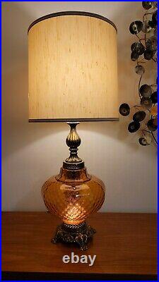 Vtg Mid Century Hollywood Regency XL Amber Optic Glass Table Lamp 36