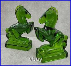 Vtg Mid Century LE Smith Green Art Glass Horse Bookends Sculpture Pair FREEUSHIP