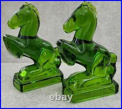 Vtg Mid Century LE Smith Green Art Glass Horse Bookends Sculpture Pair FREEUSHIP