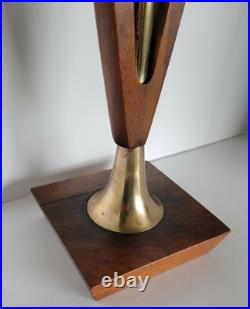 Vtg Mid Century Modern Brass & Walnut Wood Table Lamp Orig Shade 27