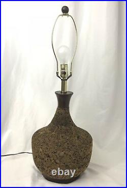 Vtg Mid Century Modern Cork & Teak Wood Table Lamp Retro 1960s 1970s 3-way Light