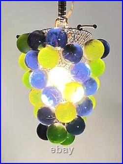 Vtg Mid Century Modern Lucite Grape Cluster Hanging Swag Light Blue & Green