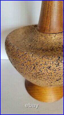 Vtg Mid Century Modern Natural Cork & Teak Wood Table Lamp 31