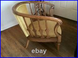 Vtg Mid Century Modern Retro Barrel Pair carved wood lounge arm Chairs mcm