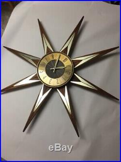 Vtg Mid Century Modern Retro Elgin Sunburst Starburst Wood Gold-Tone Wall Clock