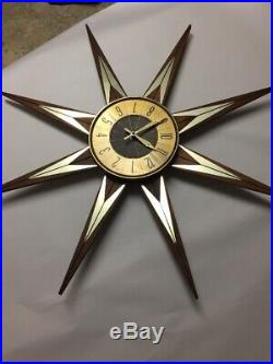 Vtg Mid Century Modern Retro Elgin Sunburst Starburst Wood Gold-Tone Wall Clock