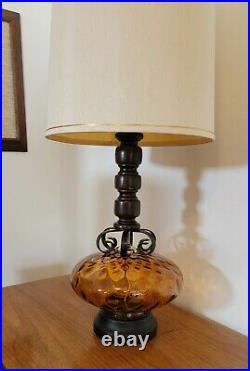 Vtg Mid Century Optic Amber Glass, Scroll Metal and Wood Table Lamp 30