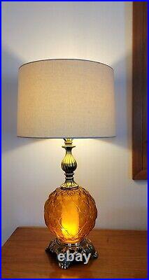 Vtg Mid Century Optical Amber Glass Globe & Brass Hollywood Regency Table Lamp
