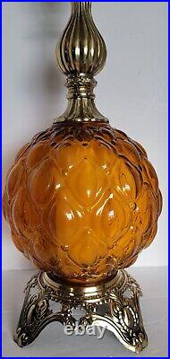 Vtg Mid Century Optical Amber Glass Globe & Brass Hollywood Regency Table Lamp