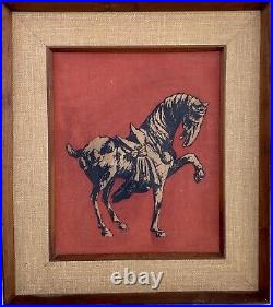 Vtg Mid-Century Red Batik Fabric Tang Horse, Han Palace Art Co, Framed 20x24