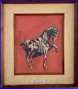 Vtg Mid-Century Red Batik Fabric Tang Horse, Han Palace Art Co, Framed 20x24