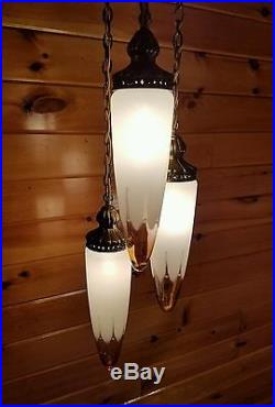 Vtg Mid Century Retro 3 Tier Frosted/Amber Glass Globes Hanging Swag Light Lamp