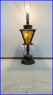 Vtg Mid Century Retro 32 Table Lamp 3 way Amber Glass Panels Brass Accents
