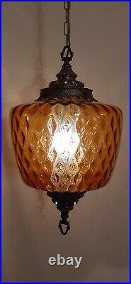 Vtg Mid Century Retro Hanging Swag Light/Lamp Amber Diamond Glass Design
