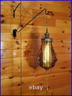 Vtg Mid Century Retro Hanging Swag Light/Lamp Amber Rootbeer Glass Design