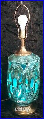 Vtg Mid-Century Retro LARGE Ceramic Brutalist Blue Green Lamp 3 way lighting
