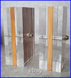 Vtg Mid Century Ritts Astrolite Lucite Sculptural Chrome Plywood Bookend Pair