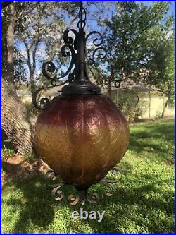 Vtg Mid Century modern Large Retro Hanging Swag Light Lamp Amber/Red Glass globe