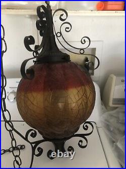 Vtg Mid Century modern Large Retro Hanging Swag Light Lamp Amber/Red Glass globe