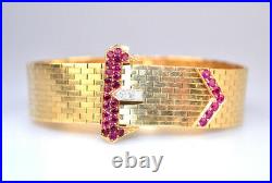 Vtg Mid-century Retro Diamond & Red Stone 14k Yellow Gold Mesh Buckle Bracelet
