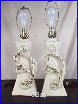 Vtg Retro Mid Century Pair Ceramic Or Chalkware Quilted SCROLL DESIGN lamps