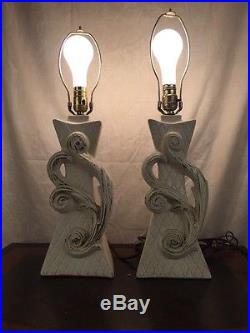 Vtg Retro Mid Century Pair Ceramic Or Chalkware Quilted SCROLL DESIGN lamps