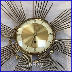 Vtg Retro Mid Century Sunburst Starburst 8 Day Brass Wall Clock with Key German