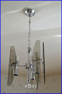 Vtg Retro mid century smoked glass 6 lights chandelier in fontana manner 1960's