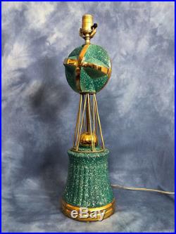 Vtg Space Age Retro Mid Century Ceramic and Brass Lamp, Globe Gilt Speckled 60s