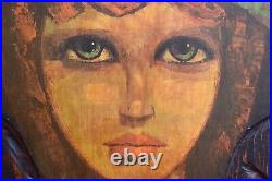 Vtg mid century Witco style big eye woman portrait carved wood wall hanging art