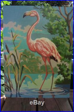 Vtg mid century paint by number art 16x12 bird Flamingo pink single retro tropic
