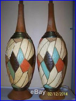 Vtg mid century retro ceramic pottery geometric shape table lamps set2 FAIP 38