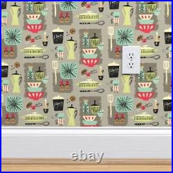Wallpaper Roll Vintage Kitchen Mod Mid Century Retro Plates Food 24in x 27ft